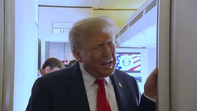 TWH116-President Trump Gaggles with the Press on Air Force One prior to meeting with Russian President Vladimir Putin Aug. 15, 2025