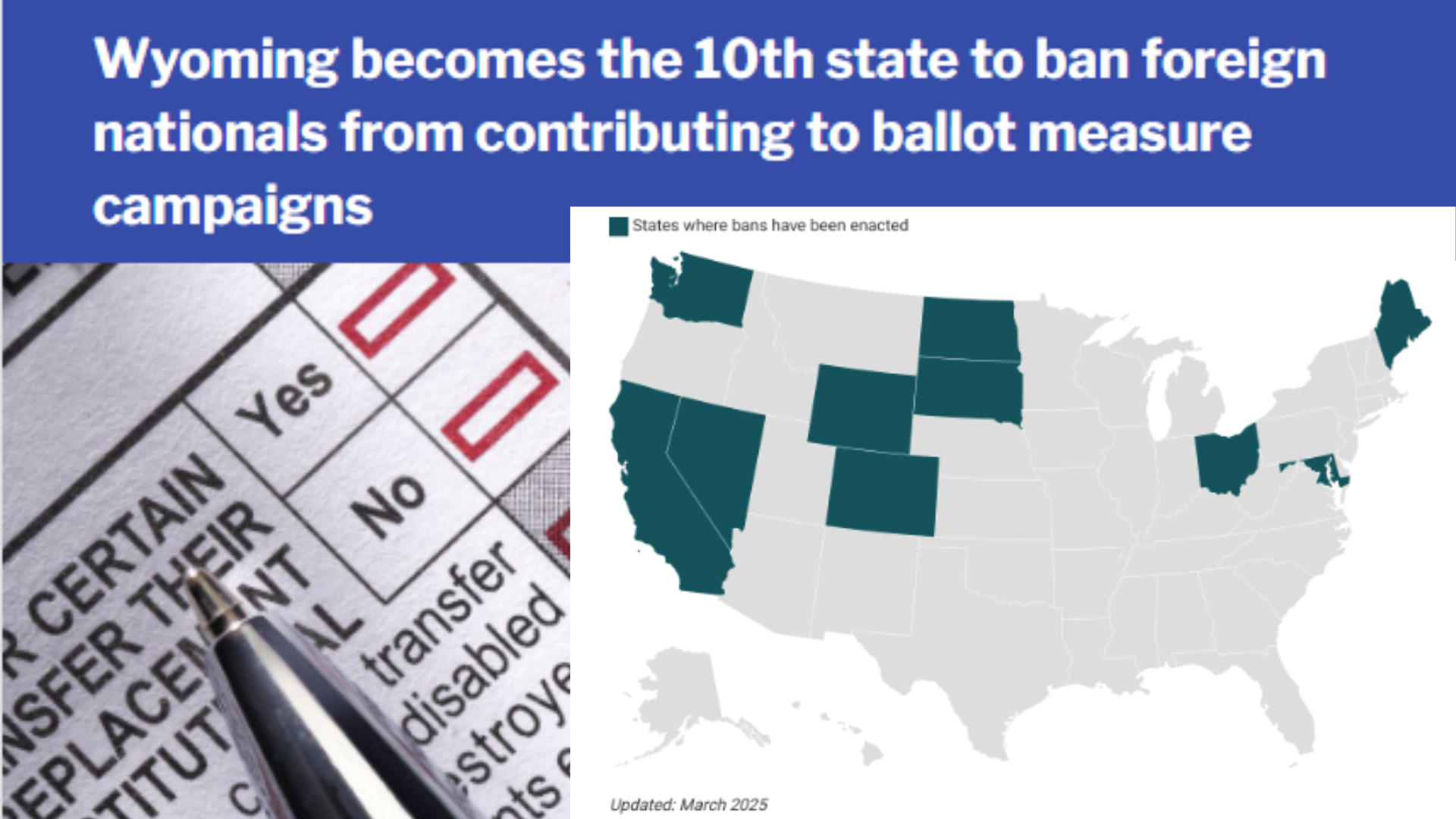 Wyoming is 10th State to ban foreign contributions to ballot measures